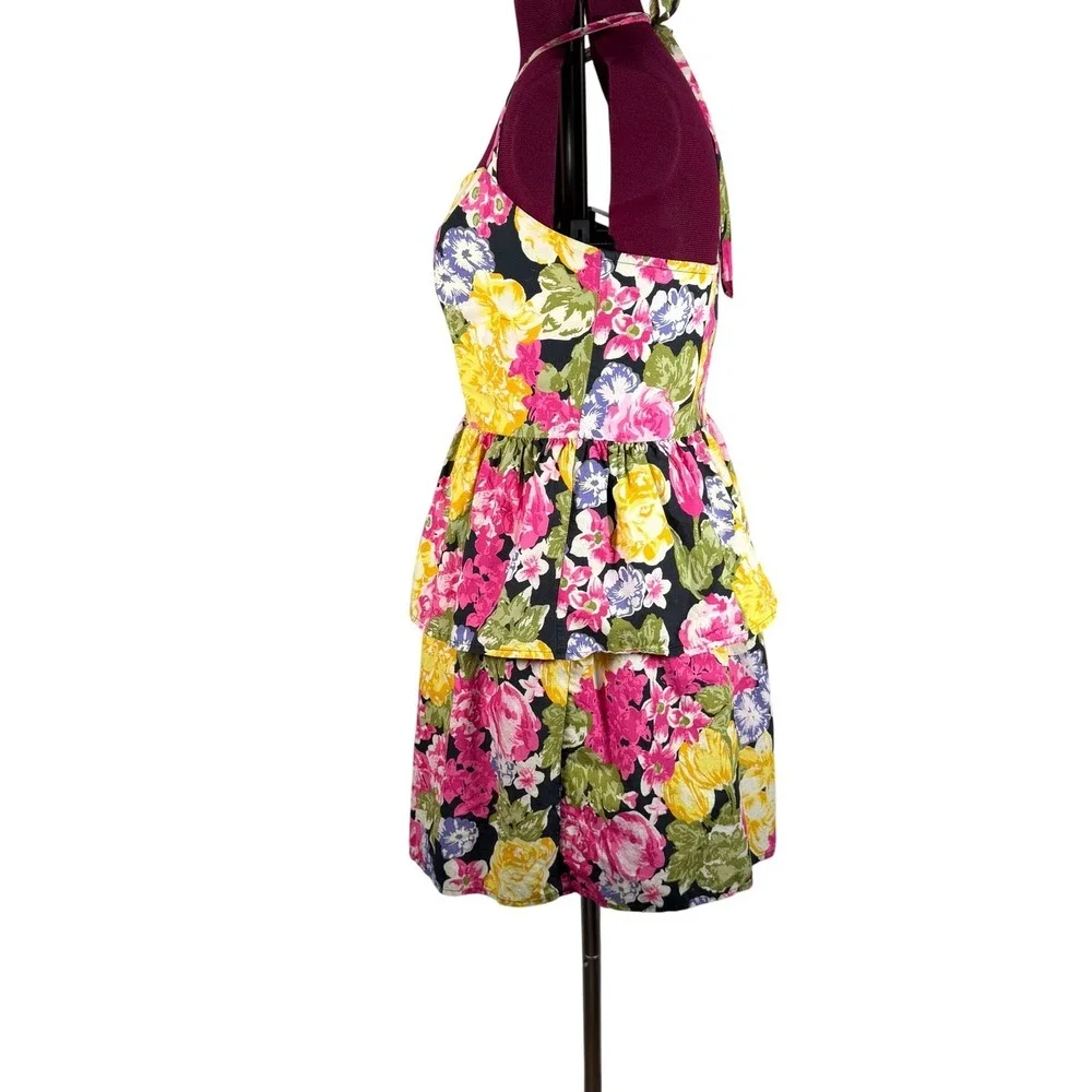 Moda International Floral Halter Dress Cotton Tiered Peplum Retro Y2K Vtg Size 6 - Picture 3 of 16